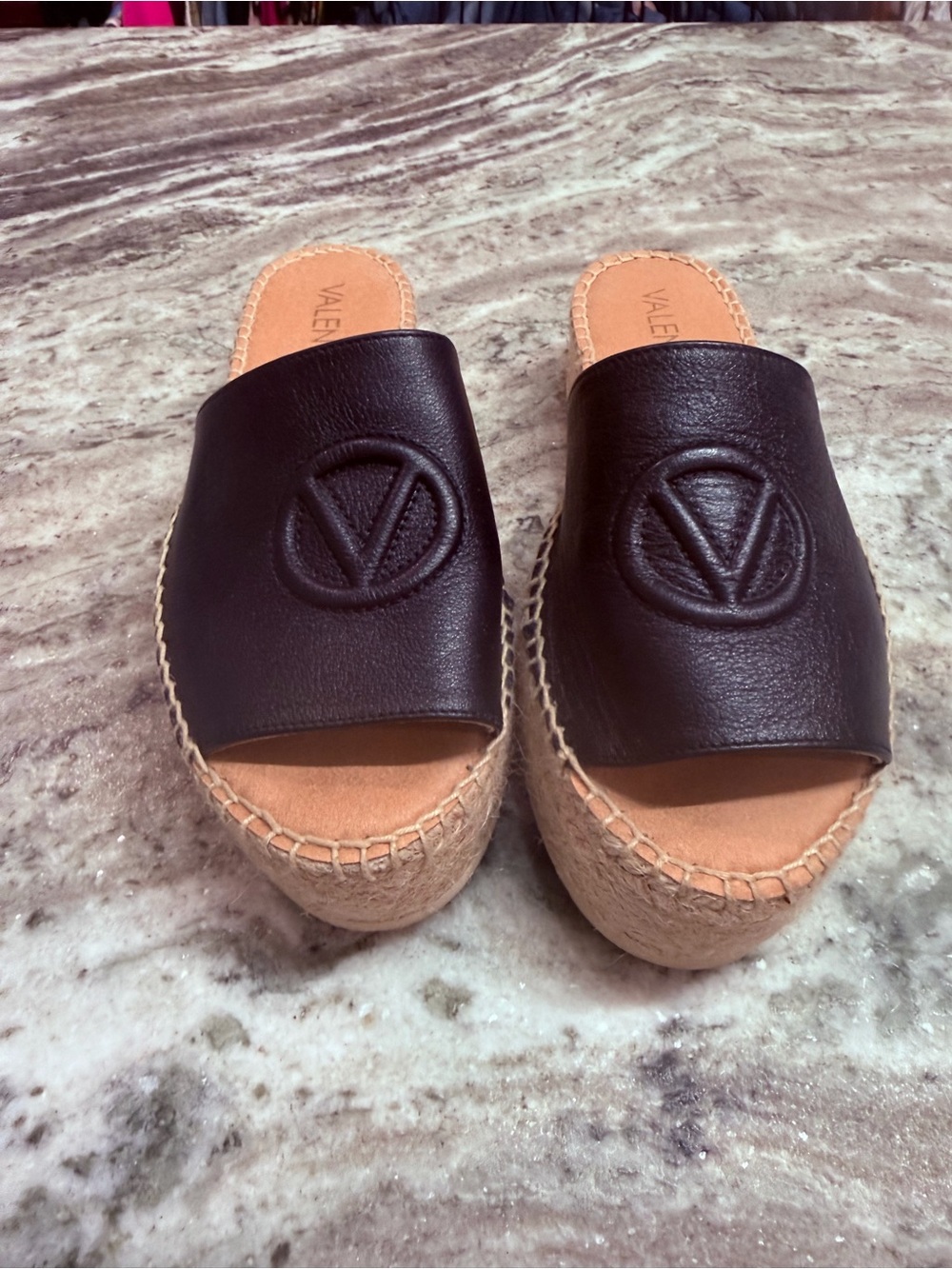 Valentino Black Leather Espadrille Wedge Slide